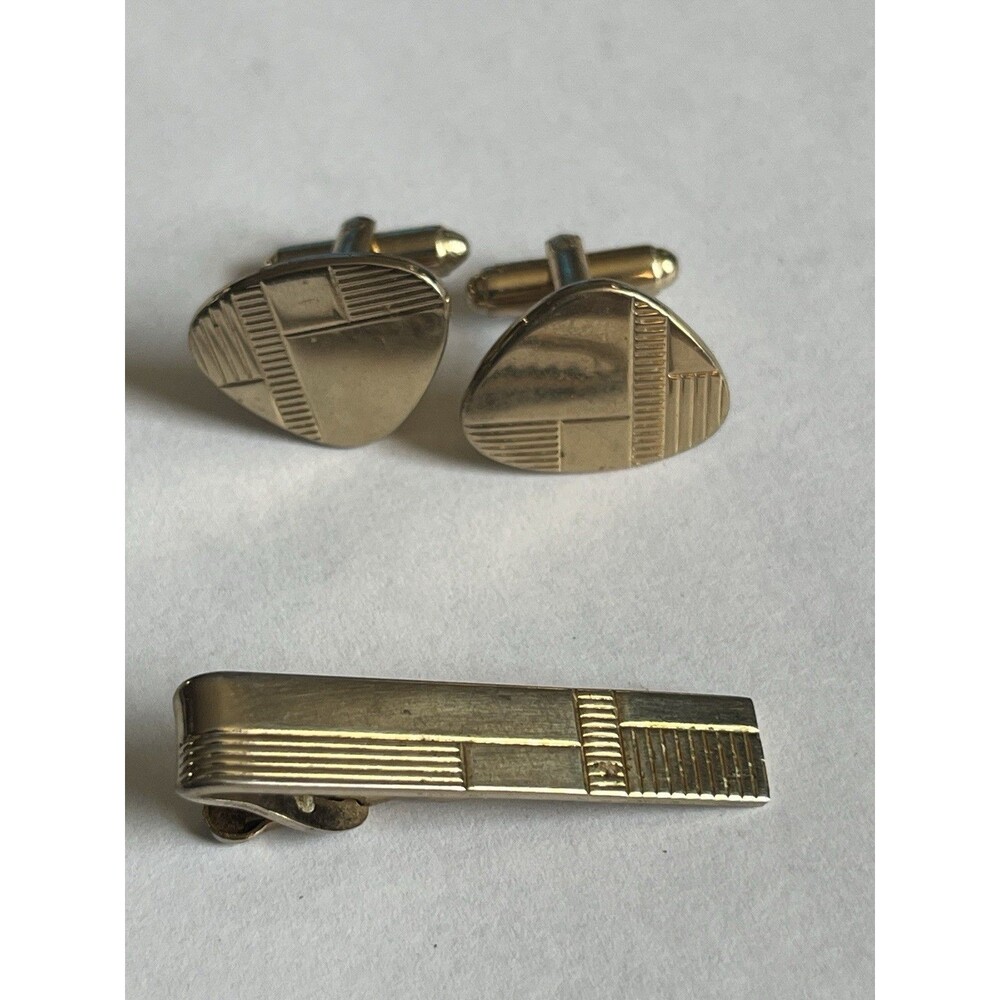 Vintage mid-century Shields cufflinks and matching tie clip set - gold tone
